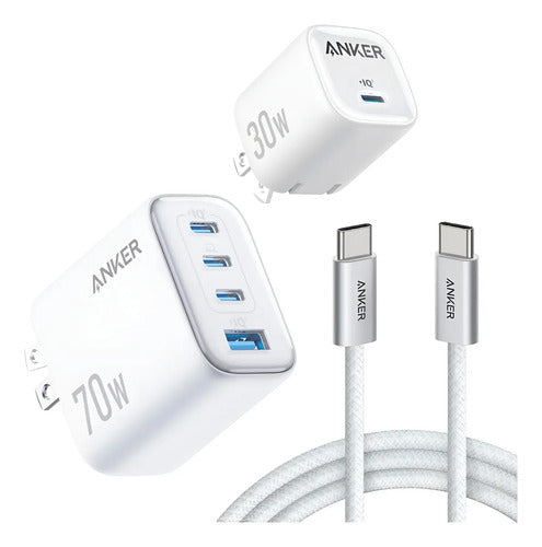 Paquete Cargadores Anker 70w + 30w Gan Con Cables Blanco Blanco