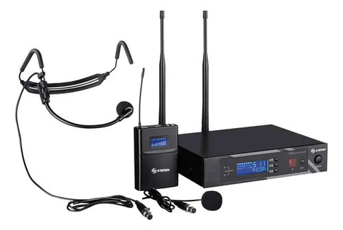 Micrófono Inalámbrico Steren Wr-2050uhf Diadema Y Solapa Negro