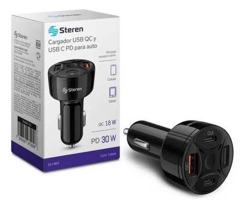 Cargador Auto Steren Eli-863 Carga Rapida Pd 30w Y Qc 18w Negro