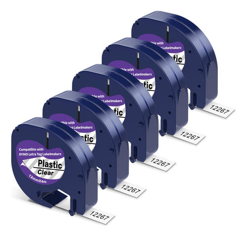 Paquete 5 Cintas Para Dymo Letratag Lt100h Plastic Clear Negro