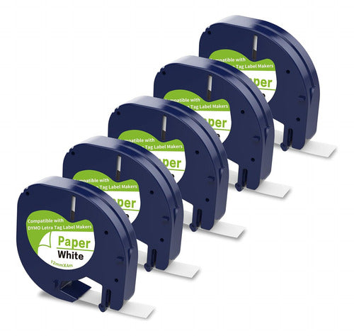 Paquete 5 Cintas Para Dymo Letratag Lt100h Paper White Negro